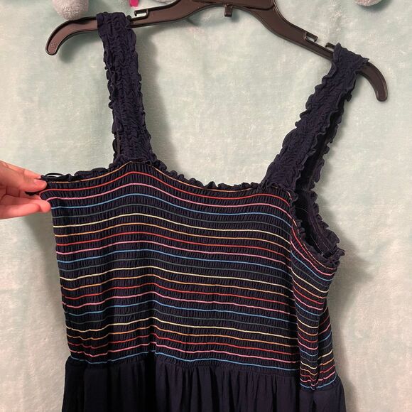 ModCloth Plus Rainbow Stripe Navy Jumpsuit Jumper 1x Smocked Flowy - Picture 3 of 5